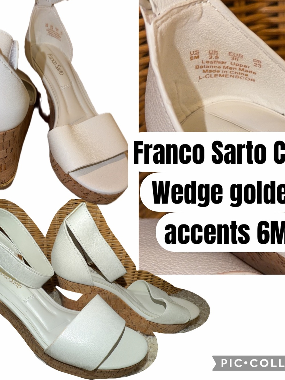 Franco Sarto White Leather Cork Wedge Sandals with Gold Accent